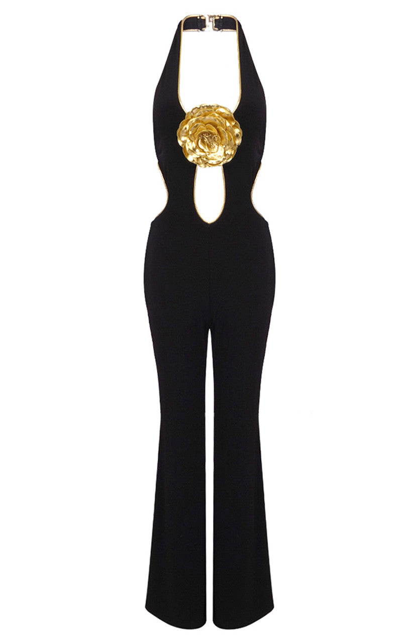 Halter Floral Jumpsuit Black Gold