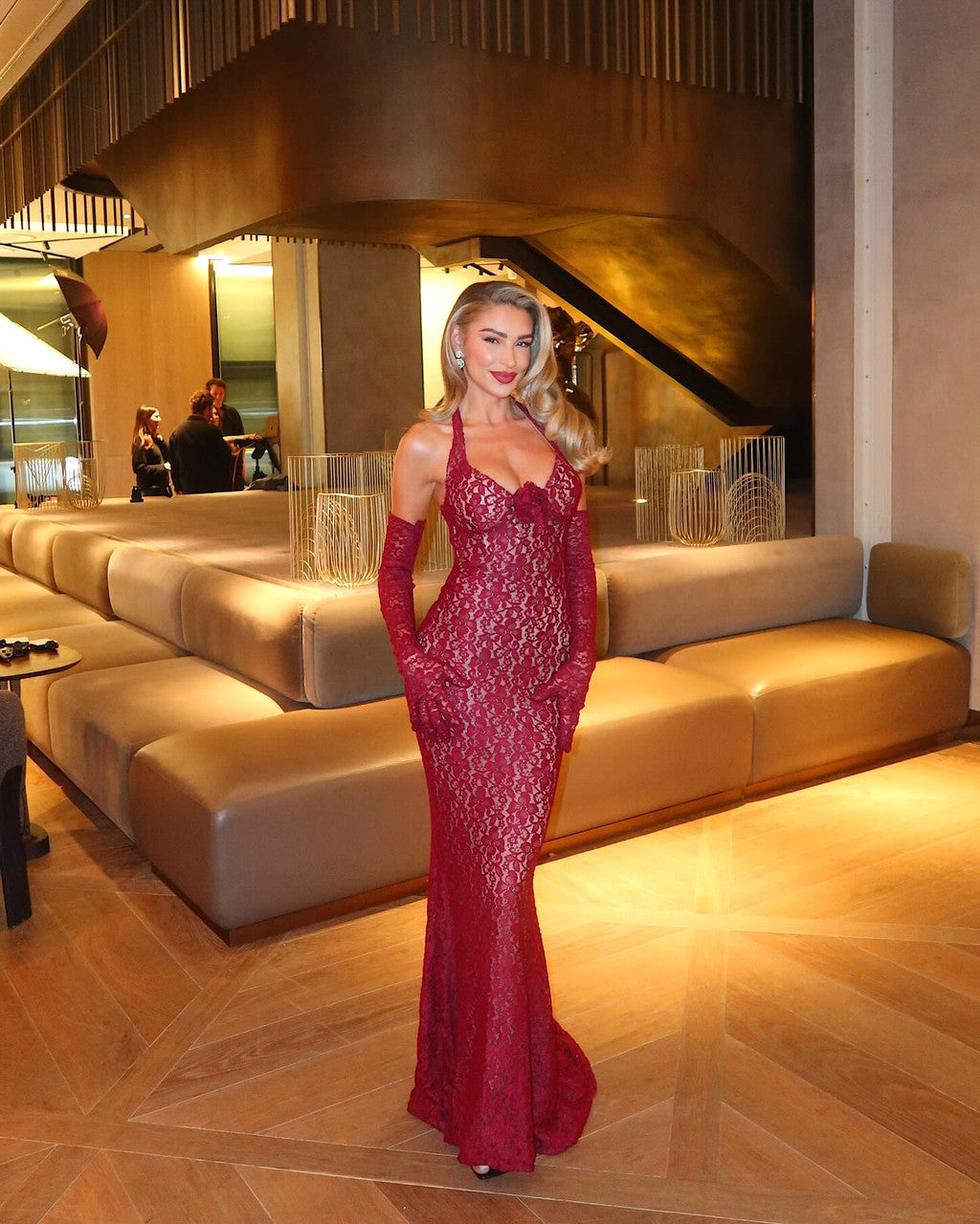 Halter Floral Lace Maxi Dress Burgundy