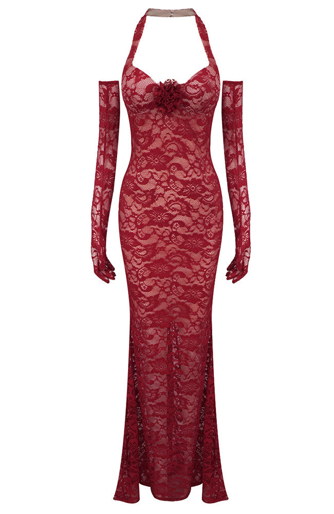 Halter Floral Lace Maxi Dress Burgundy