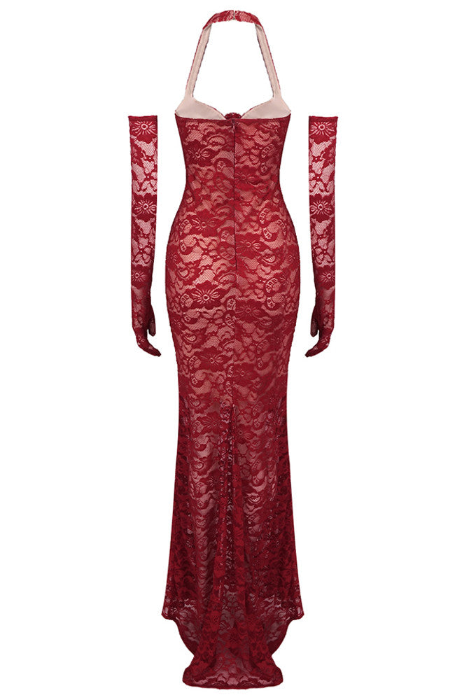 Halter Floral Lace Maxi Dress Burgundy