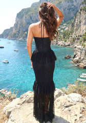 Halter Floral Lace Ruffle Maxi Dress Black