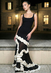 Ruffle Mesh Maxi Dress Black White
