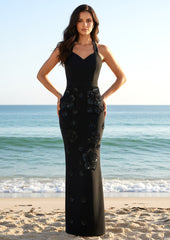 Halter Floral Gloves Maxi Dress Black