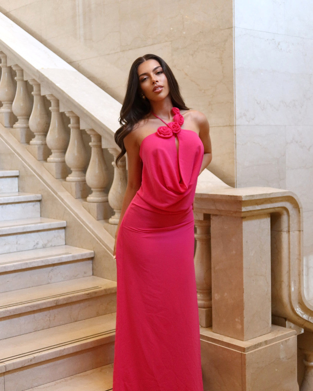 Halter Floral Maxi Dress Hot Pink