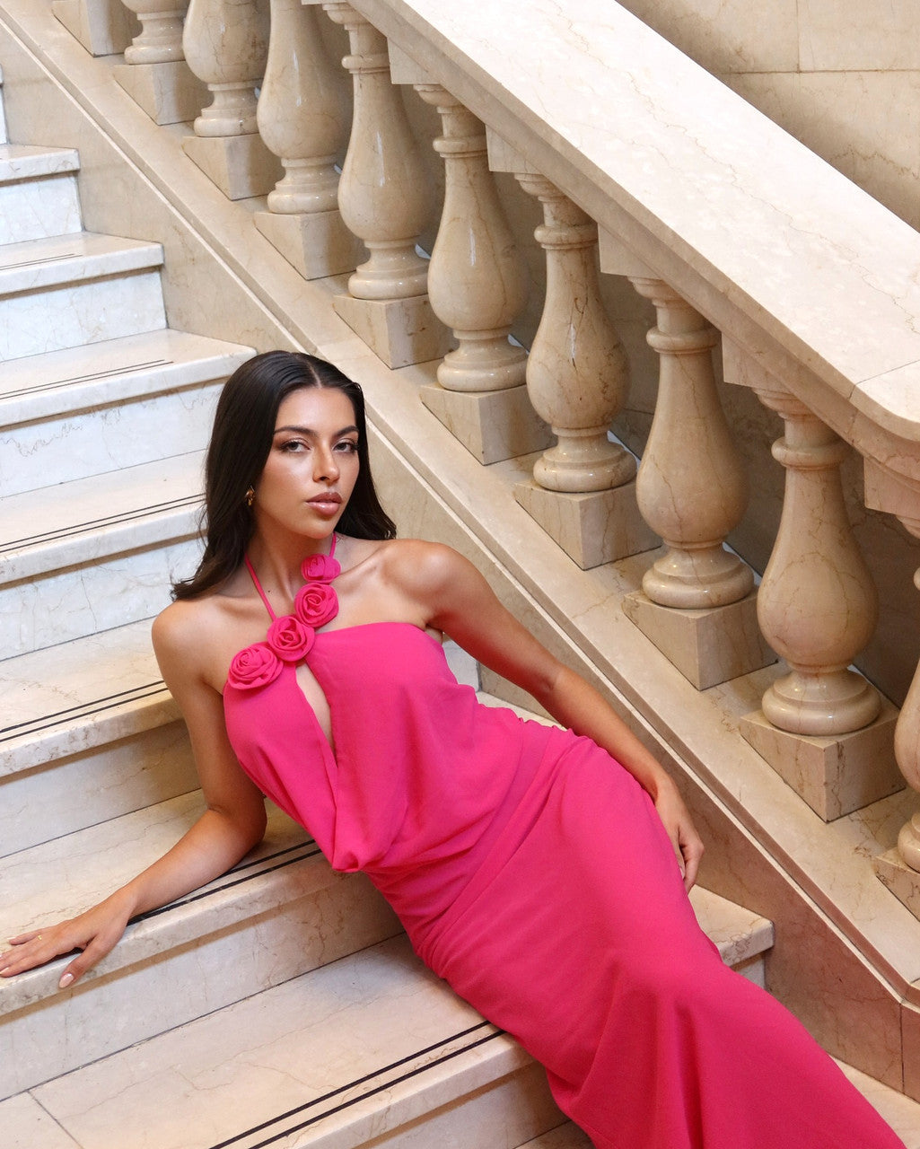 Halter Floral Maxi Dress Hot Pink