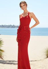 Halter Floral Gloves Maxi Dress Red