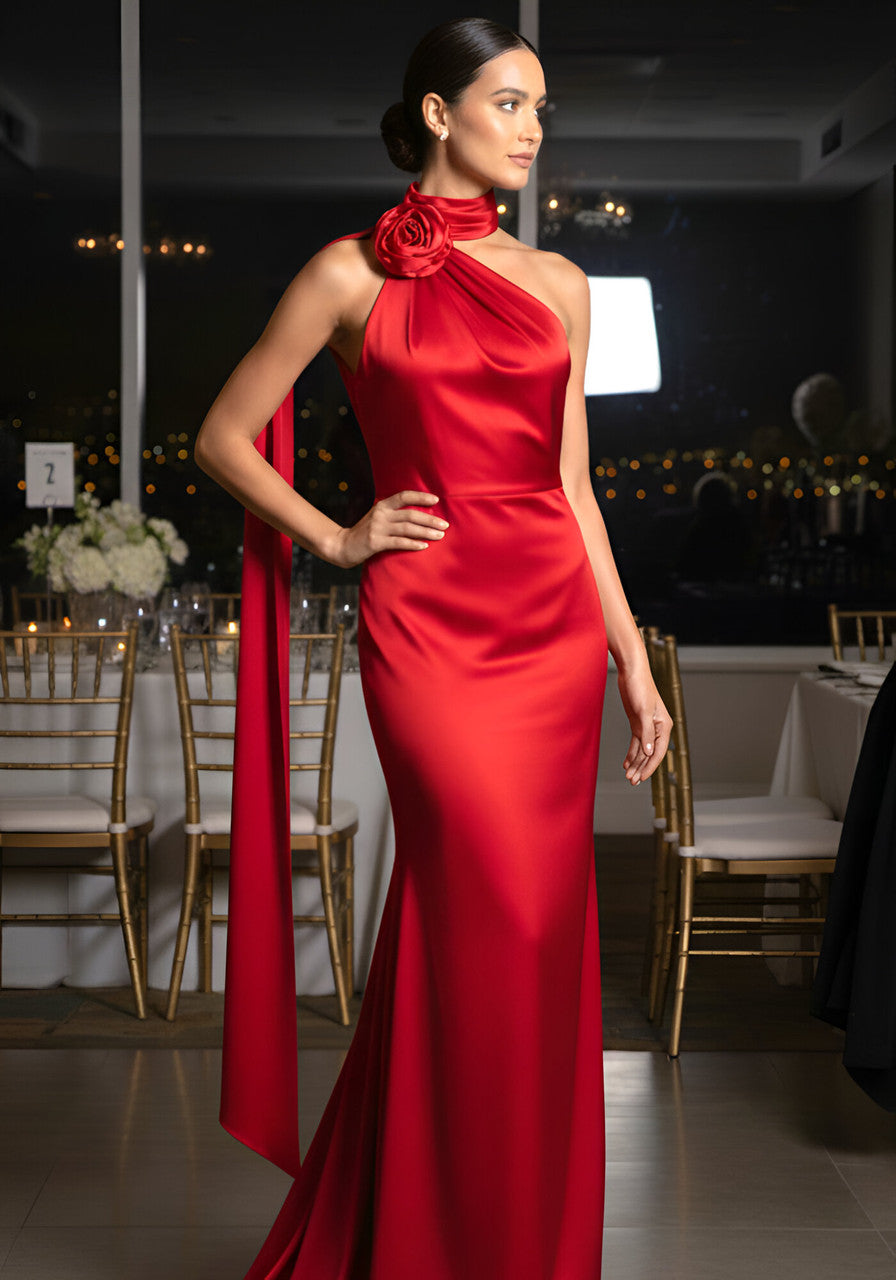 Halter Floral Silk Maxi Dress Red