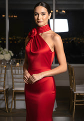 Halter Floral Silk Maxi Dress Red
