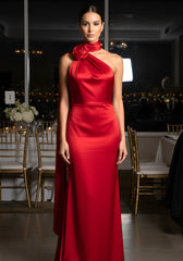 Halter Floral Silk Maxi Dress Red