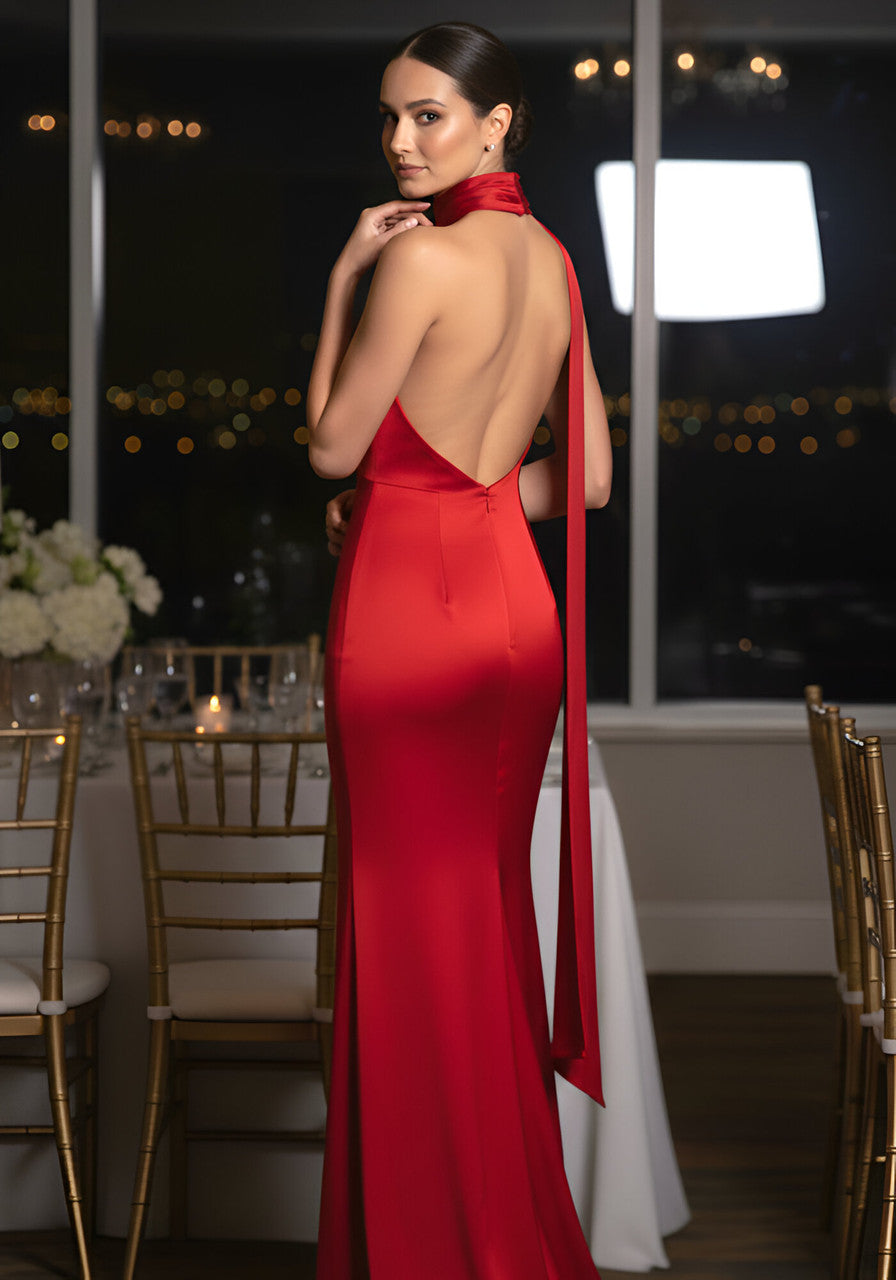 Halter Floral Silk Maxi Dress Red