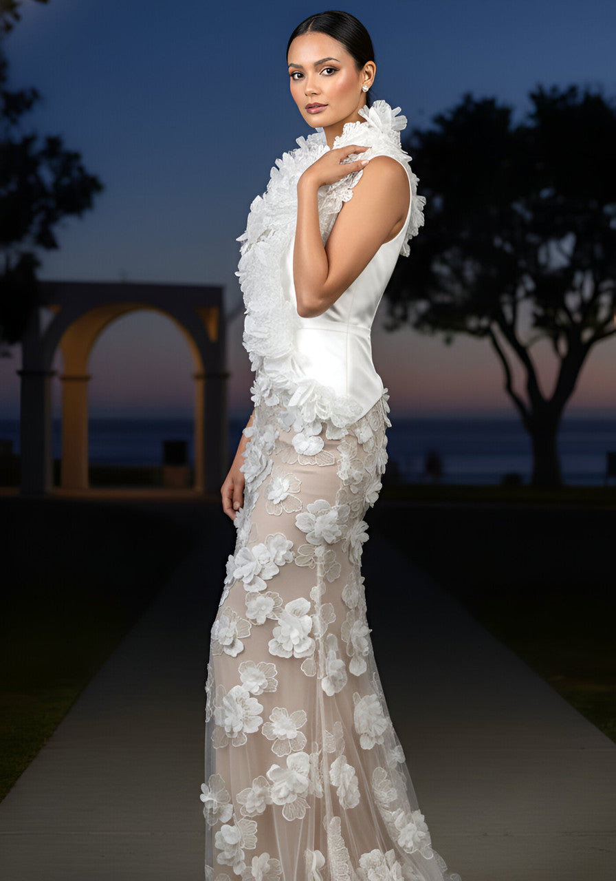 Halter Floral Embellished Maxi Dress White