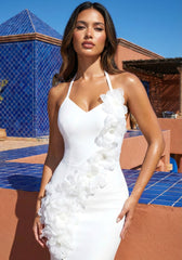 Halter Floral Backless Maxi Dress White