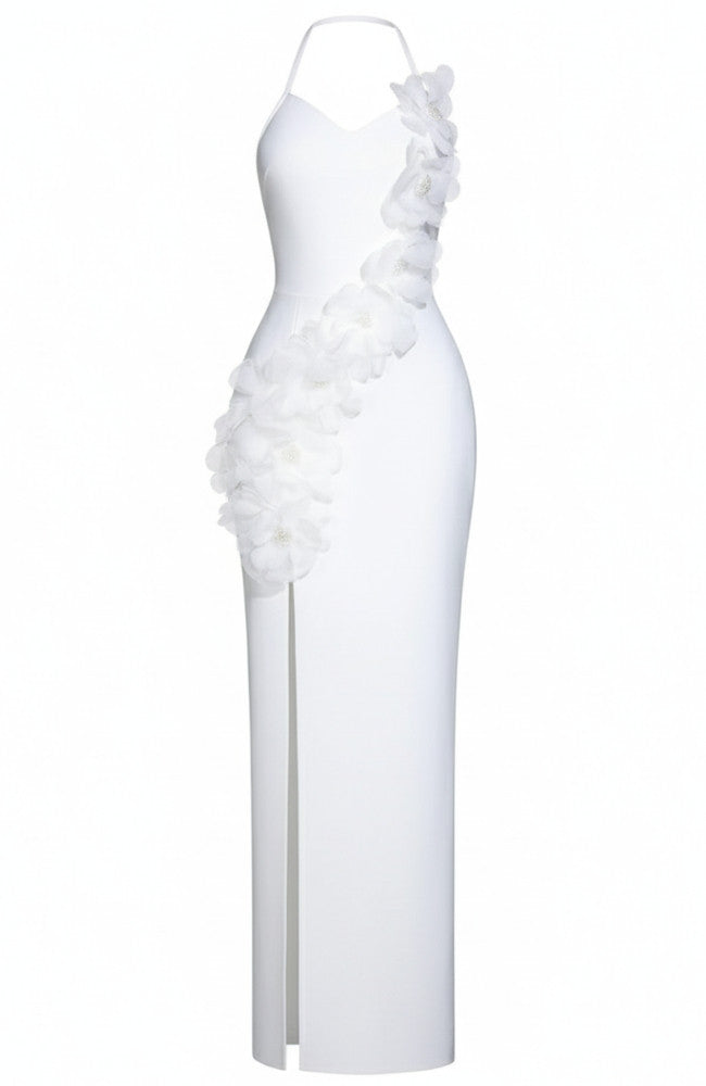 Halter Floral Backless Maxi Dress White