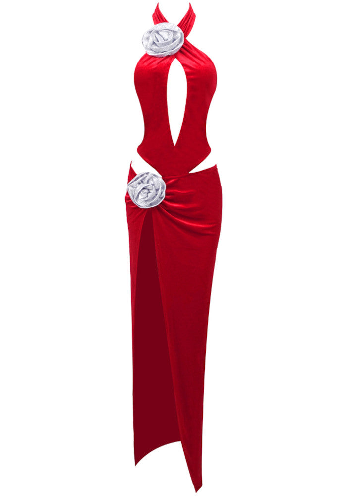 Halter Floral Maxi Velvet Dress Red