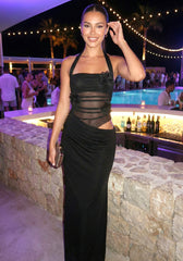 Halter Floral Mesh Maxi Dress Black