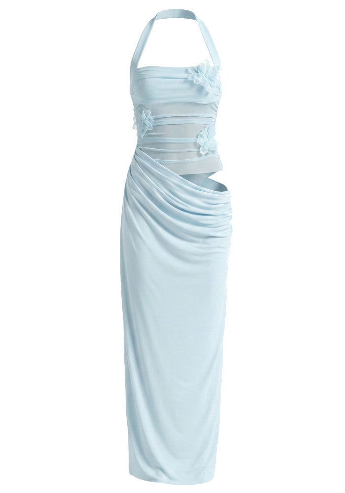 Halter Floral Mesh Maxi Dress Blue