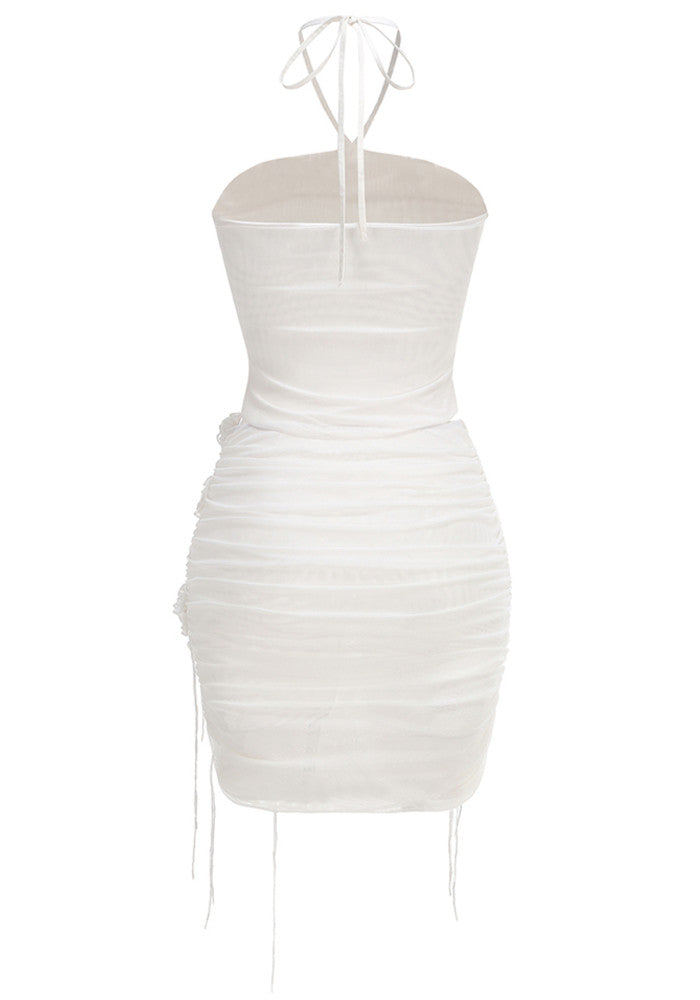 Halter Floral Ruched Two Piece Dress White