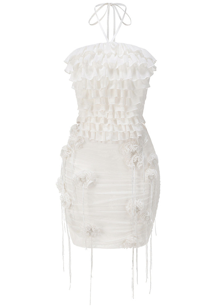 Halter Floral Ruched Two Piece Dress White