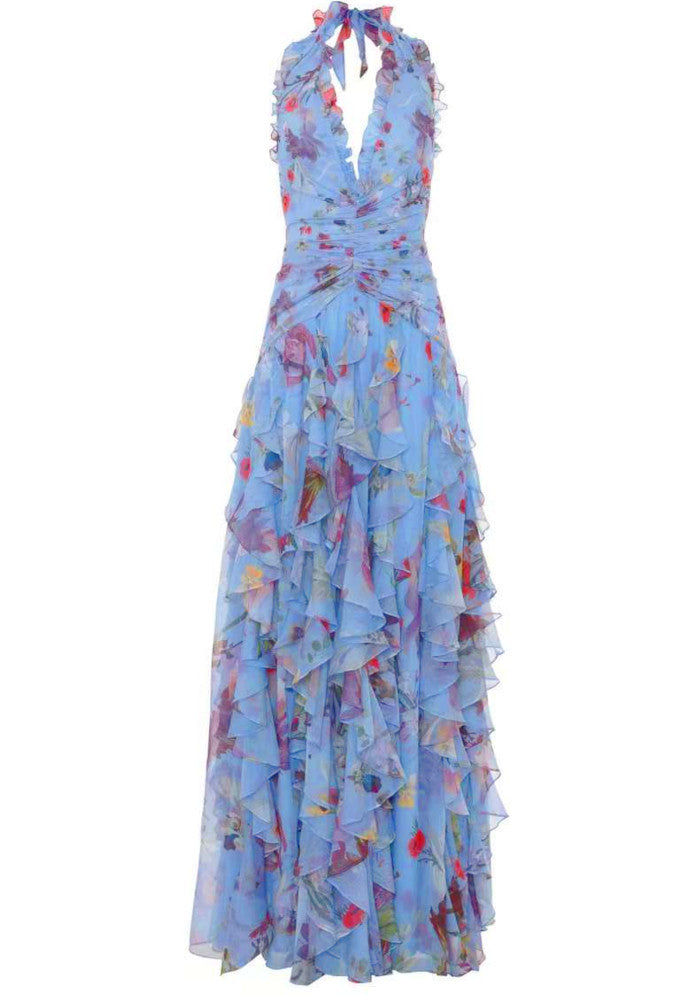 Halter Floral Ruffle Maxi Dress Blue