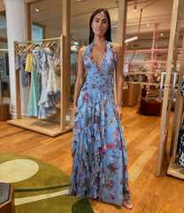 Halter Floral Ruffle Maxi Dress Blue