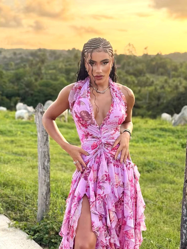 Halter Floral Ruffle Maxi Dress Pink