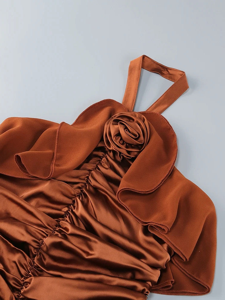 Halter Floral Ruffle Ruched Dress Brown