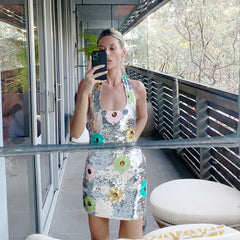 Halter Floral Sequin Dress Silver