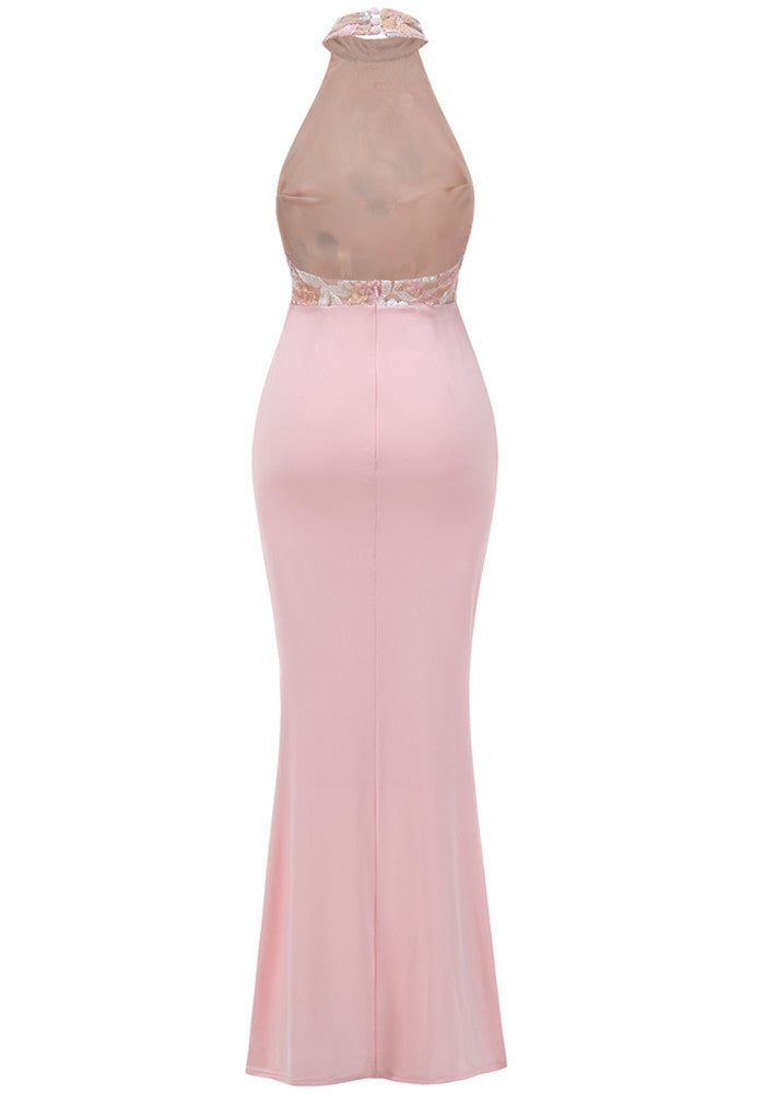 Halter Floral Sequin Embroidered Maxi Dress Pink