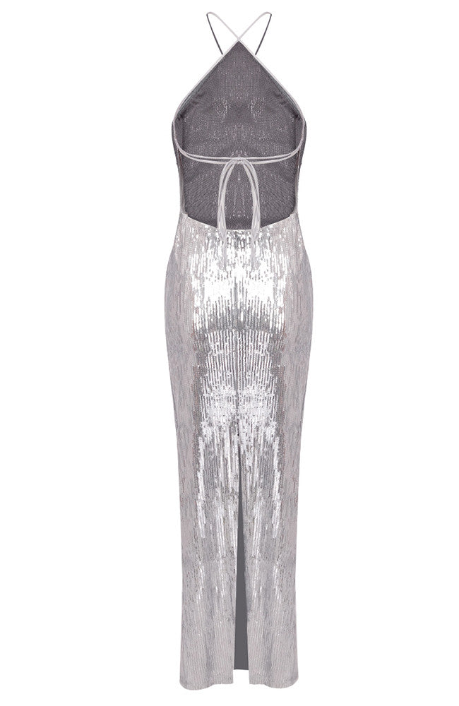 Halter Floral Sequin Maxi Dress Silver