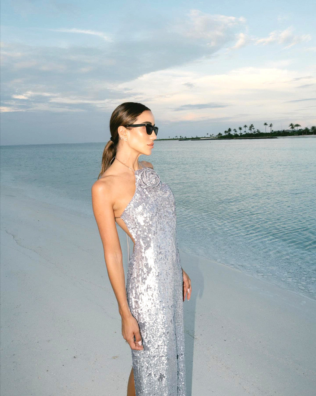 Halter Floral Sequin Maxi Dress Silver