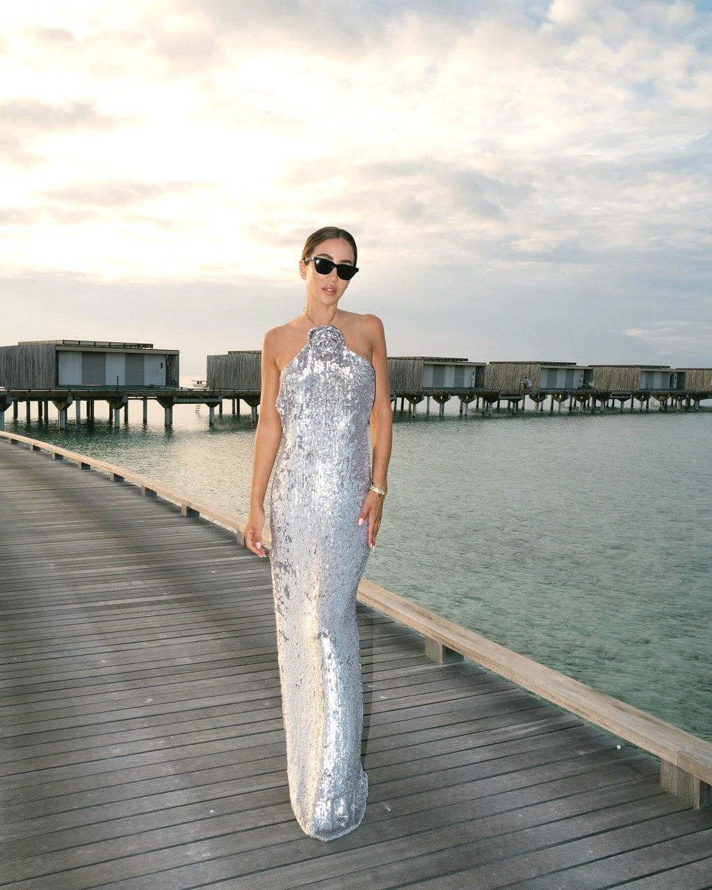 Halter Floral Sequin Maxi Dress Silver