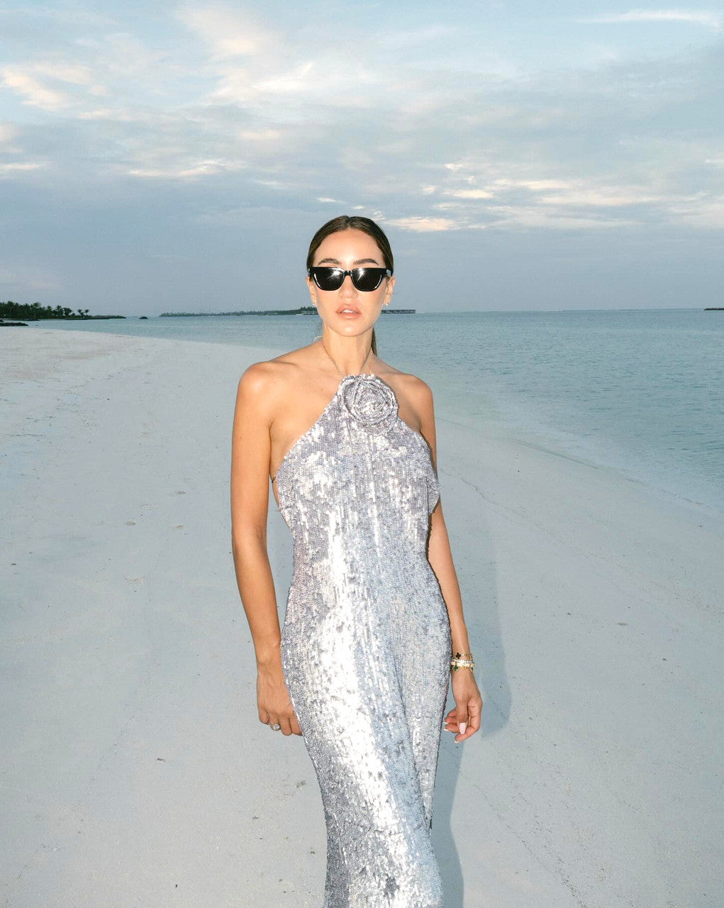 Halter Floral Sequin Maxi Dress Silver