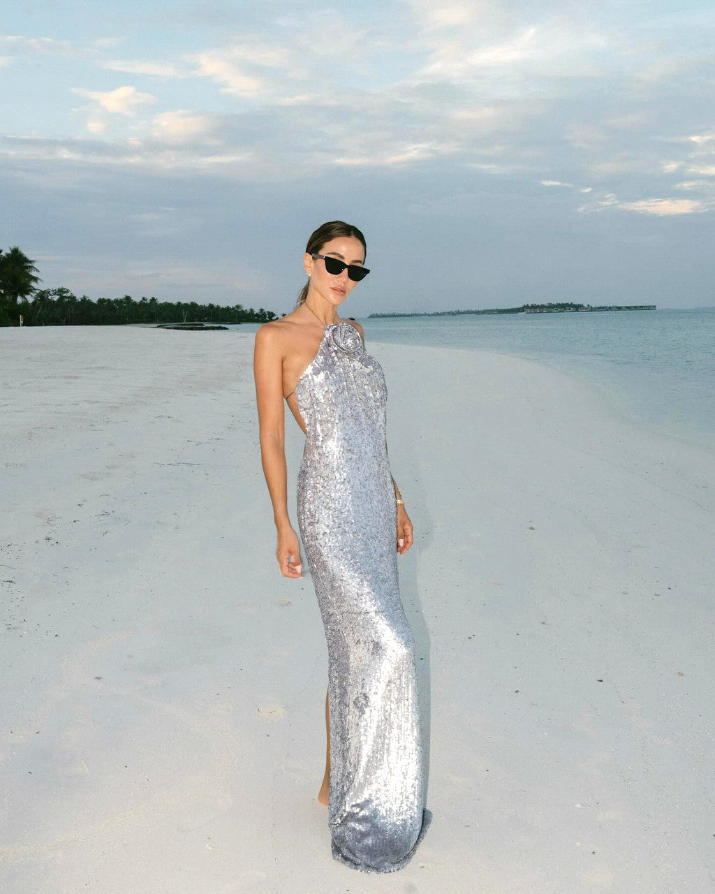 Halter Floral Sequin Maxi Dress Silver