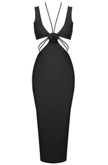 Halter Flower Detail Midi Dress Black