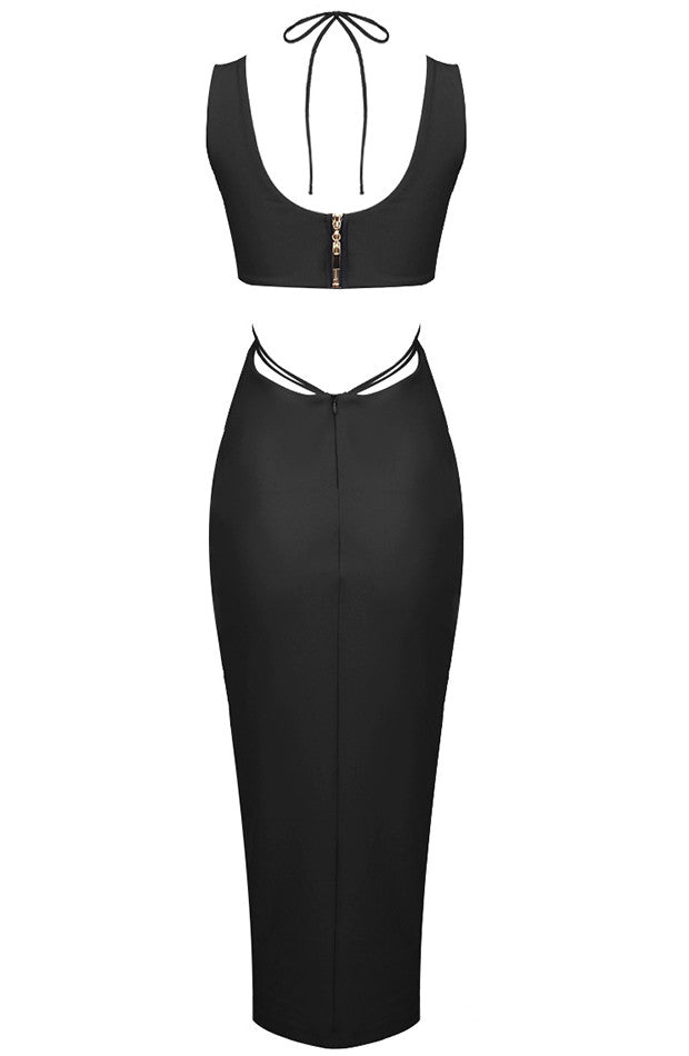 Halter Flower Detail Midi Dress Black