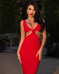 Halter Flower Detail Midi Dress Red