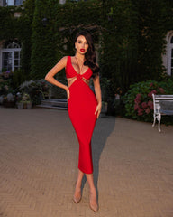 Halter Flower Detail Midi Dress Red