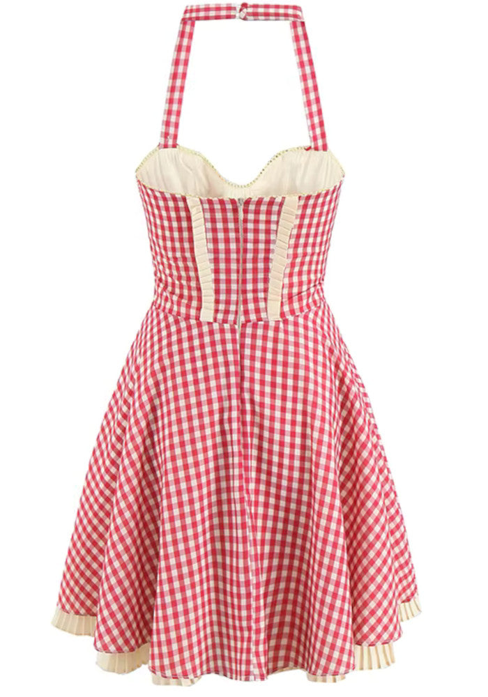 Halter Gingham Ruffle Skater Dress Red