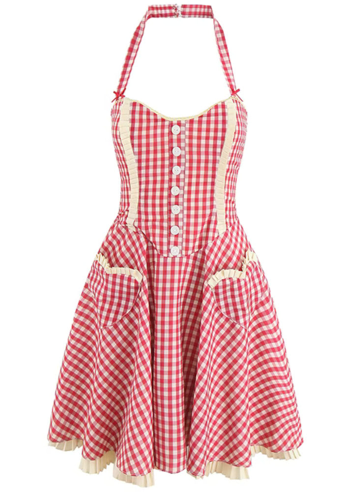 Halter Gingham Ruffle Skater Dress Red