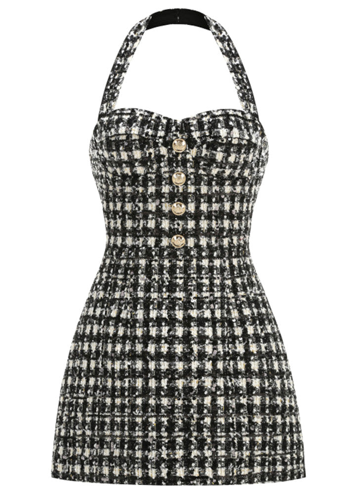 Halter Houndstooth Dress Black White