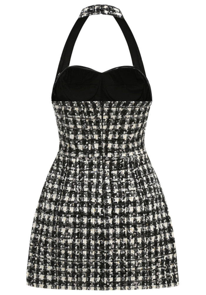 Halter Houndstooth Dress Black White