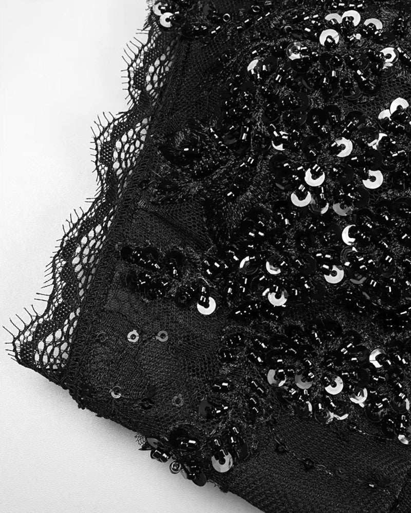Halter Sequined Lace Corset Maxi Dress Black