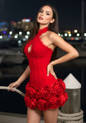 Halter Lace Insert Floral Dress Red