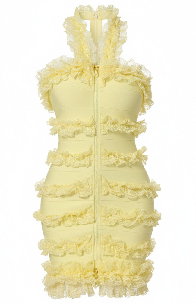 Halter Lace Ruffle Dress Yellow