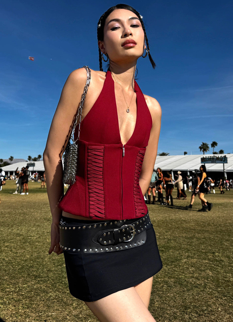 Halter Lace Up Corset Top Red