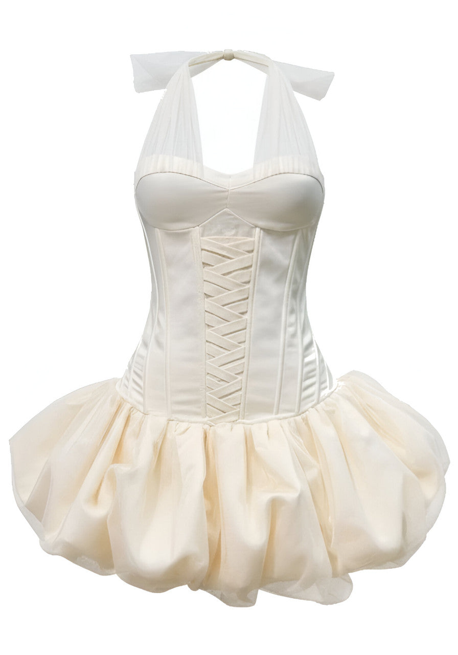 Halter Lace Up Detail Bubble Dress Ivory
