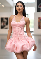 Halter Lace Up Detail Bubble Dress Pink