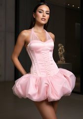 Halter Lace Up Detail Bubble Dress Pink