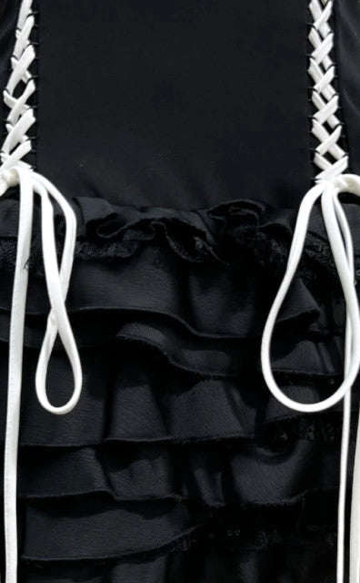 Halter Lace Up Detail Ruffle Dress Black