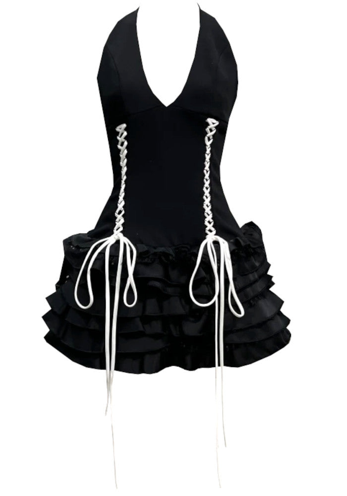 Halter Lace Up Detail Ruffle Dress Black
